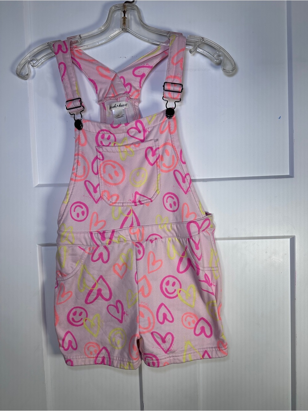 Derek Heart Pink Short Overalls with Neon Hearts & Smiles Shortalls Size 10